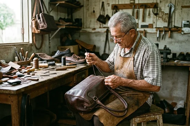 Sapateiro trabalhando na reforma de uma bolsa de couro.