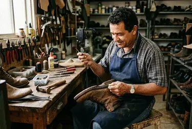 Sapateiro reparando o zíper de uma bota com habilidade.