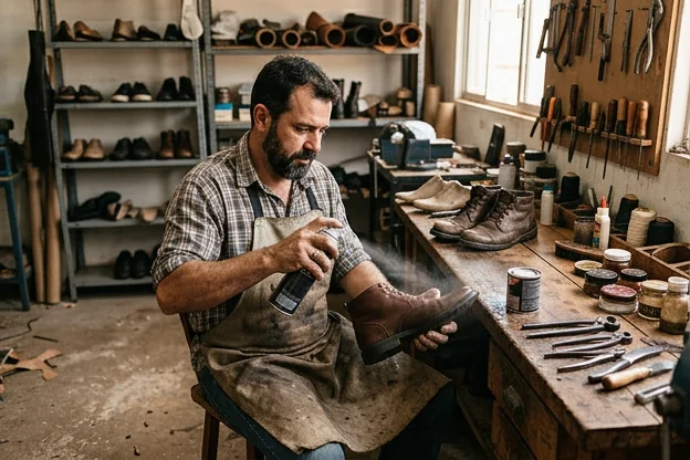 Sapatos sendo impermeabilizados, evidenciando a proteção contra água.