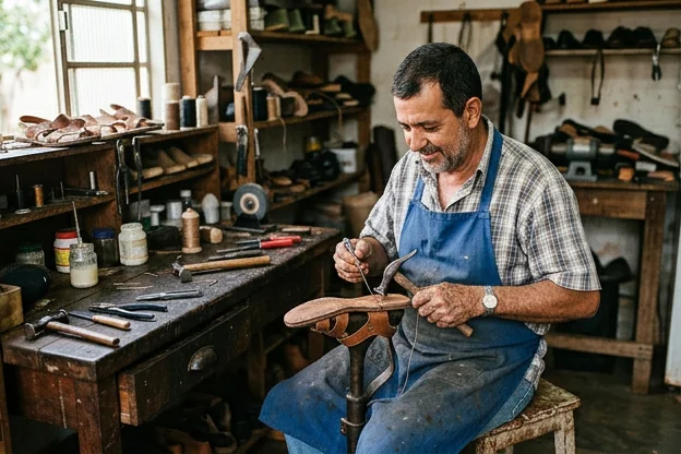 Sapateiro consertando uma sandália com atenção aos detalhes.